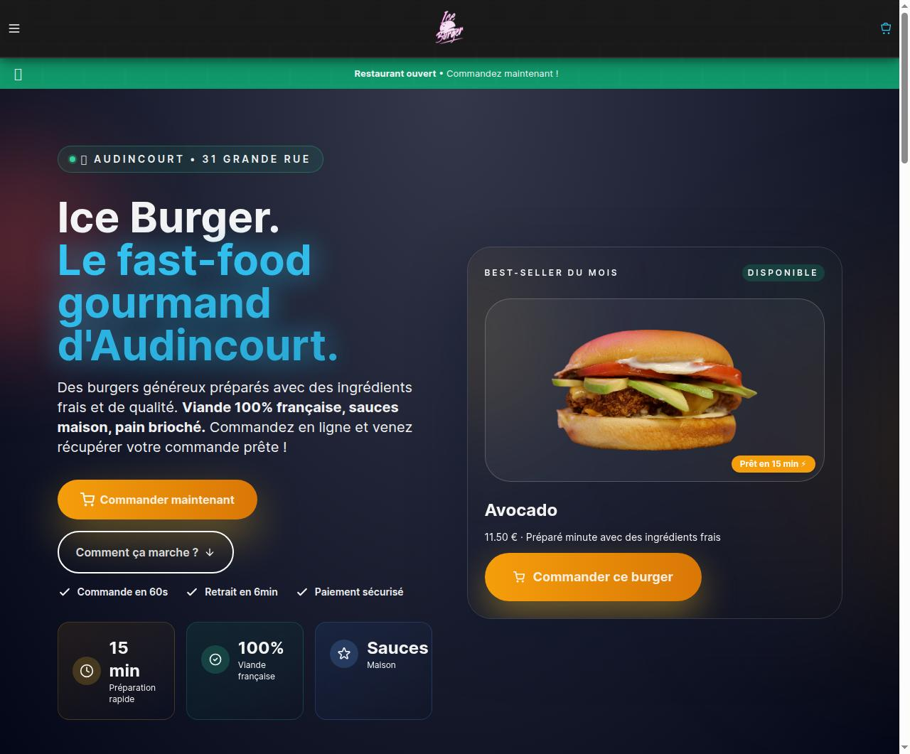 Ice Burger Audincourt - Site web Click&Collect restaurant créé par Bungee agence digitale